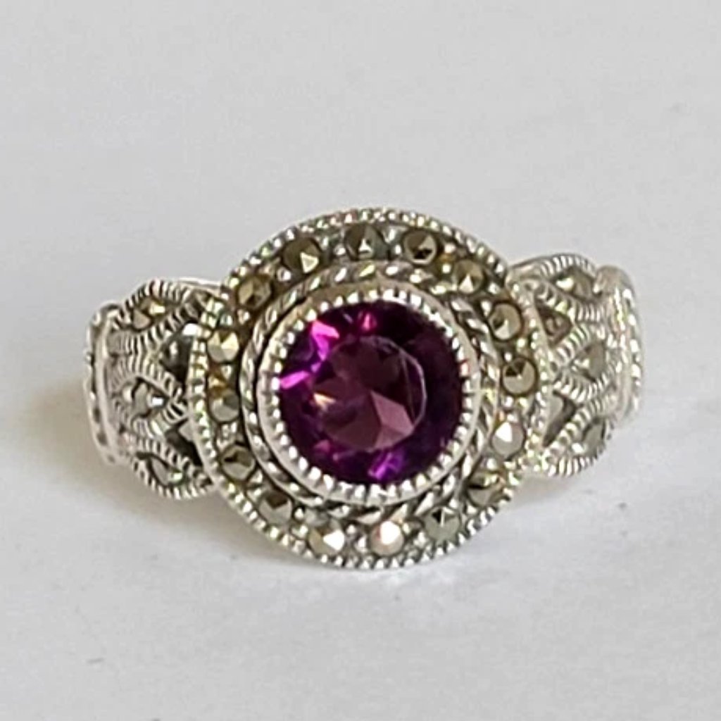 Purple Amethyst Round Solitaire Marcasite Crystal Halo Boho Sterling Silver Ring